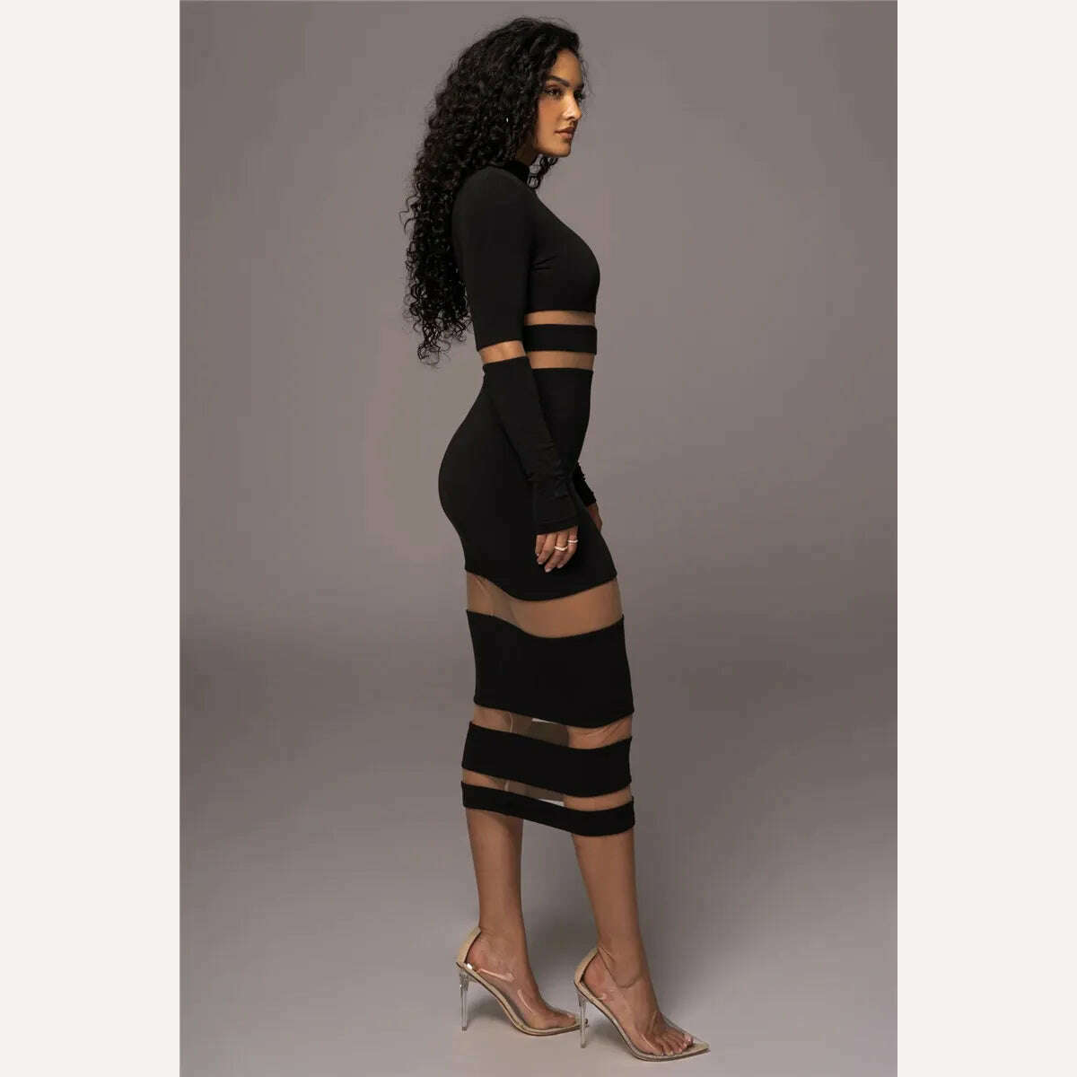 Mozision Patchwork Bodycon Sexy Midi Dress For Women 2023 Autumn Winter New Turtleneck Long Sleeve Club Party Sexy Dress Elegant - KIMLUD
