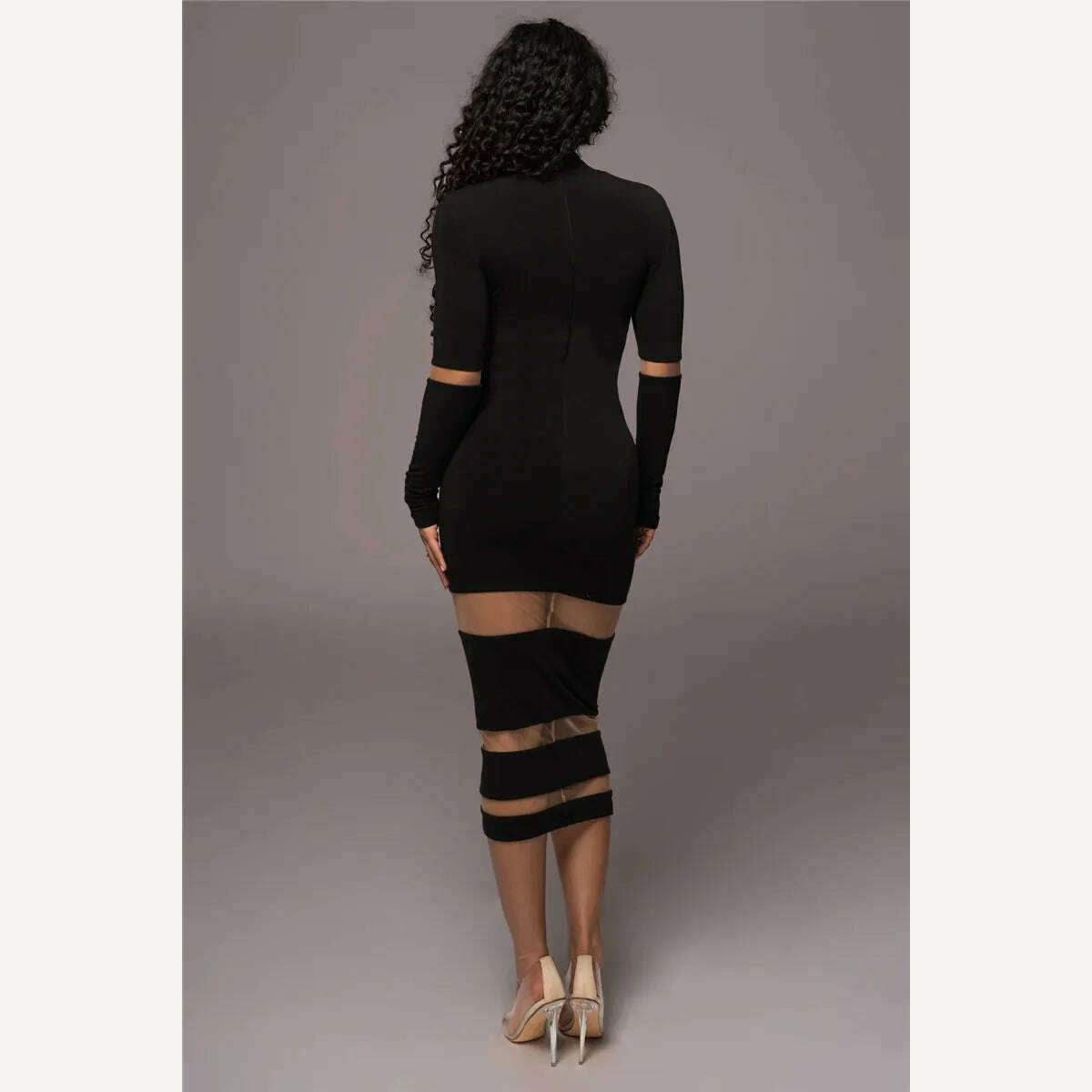 Mozision Patchwork Bodycon Sexy Midi Dress For Women 2023 Autumn Winter New Turtleneck Long Sleeve Club Party Sexy Dress Elegant - KIMLUD