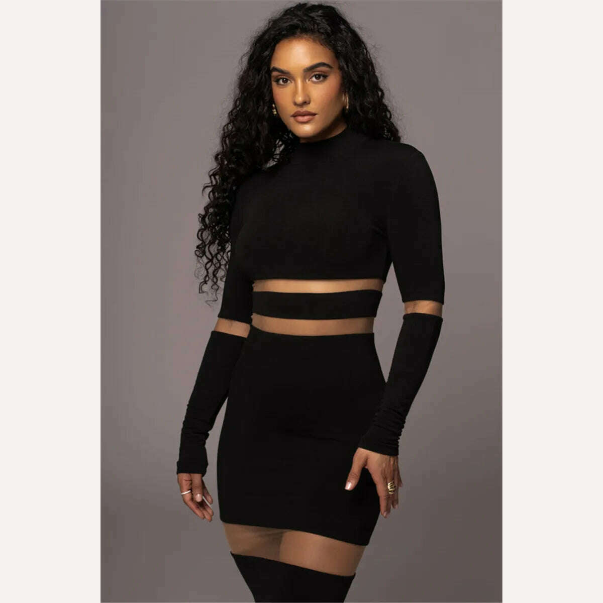 Mozision Patchwork Bodycon Sexy Midi Dress For Women 2023 Autumn Winter New Turtleneck Long Sleeve Club Party Sexy Dress Elegant - KIMLUD
