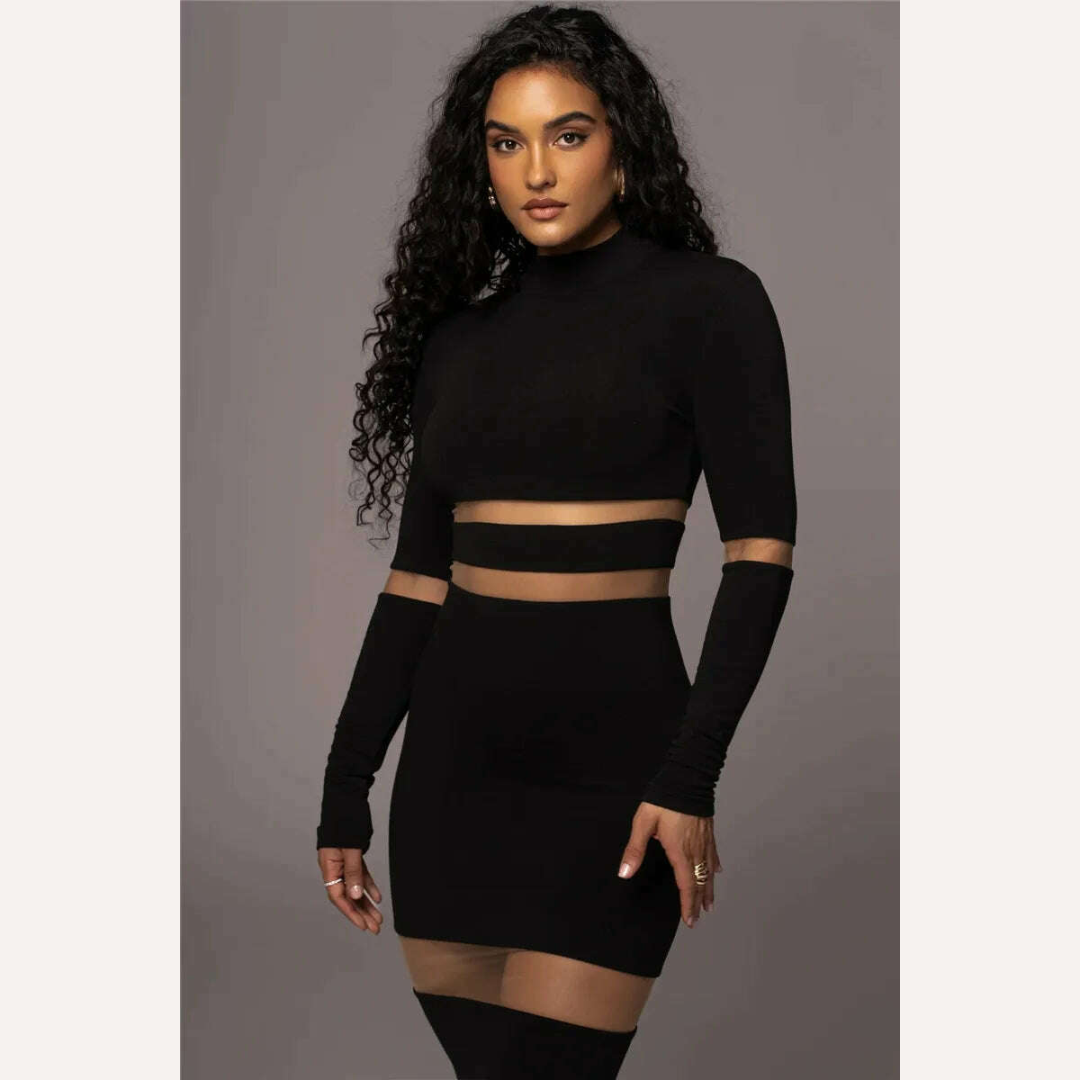 Mozision Patchwork Bodycon Sexy Midi Dress For Women 2023 Autumn Winter New Turtleneck Long Sleeve Club Party Sexy Dress Elegant - KIMLUD