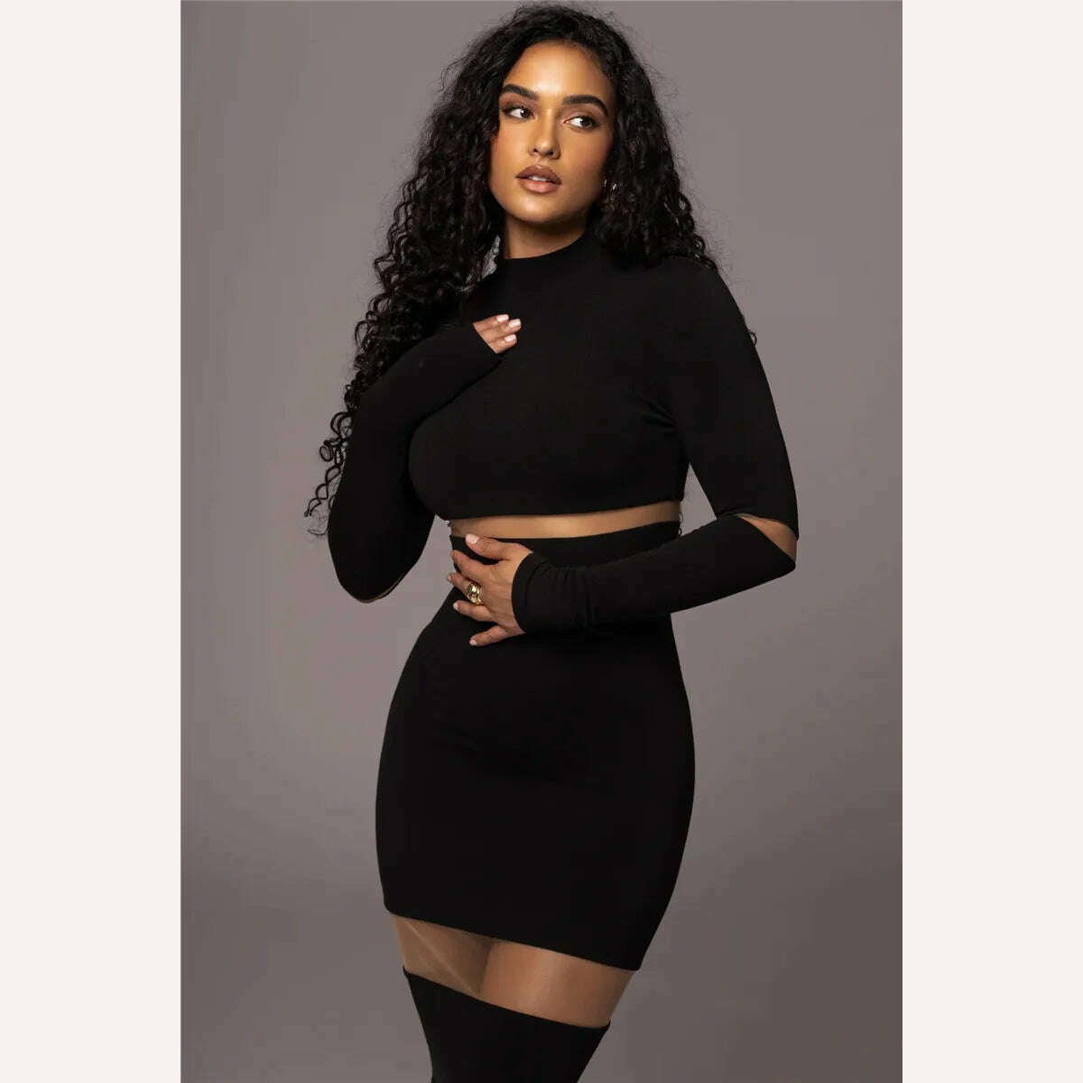 Mozision Patchwork Bodycon Sexy Midi Dress For Women 2023 Autumn Winter New Turtleneck Long Sleeve Club Party Sexy Dress Elegant - KIMLUD