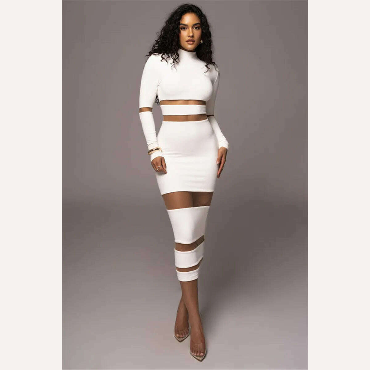 Mozision Patchwork Bodycon Sexy Midi Dress For Women 2023 Autumn Winter New Turtleneck Long Sleeve Club Party Sexy Dress Elegant - KIMLUD