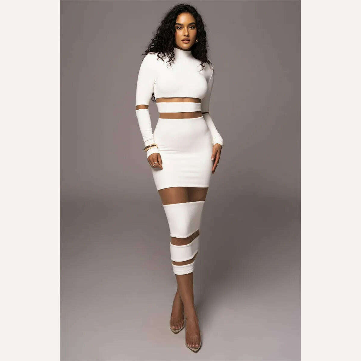 Mozision Patchwork Bodycon Sexy Midi Dress For Women 2023 Autumn Winter New Turtleneck Long Sleeve Club Party Sexy Dress Elegant - KIMLUD