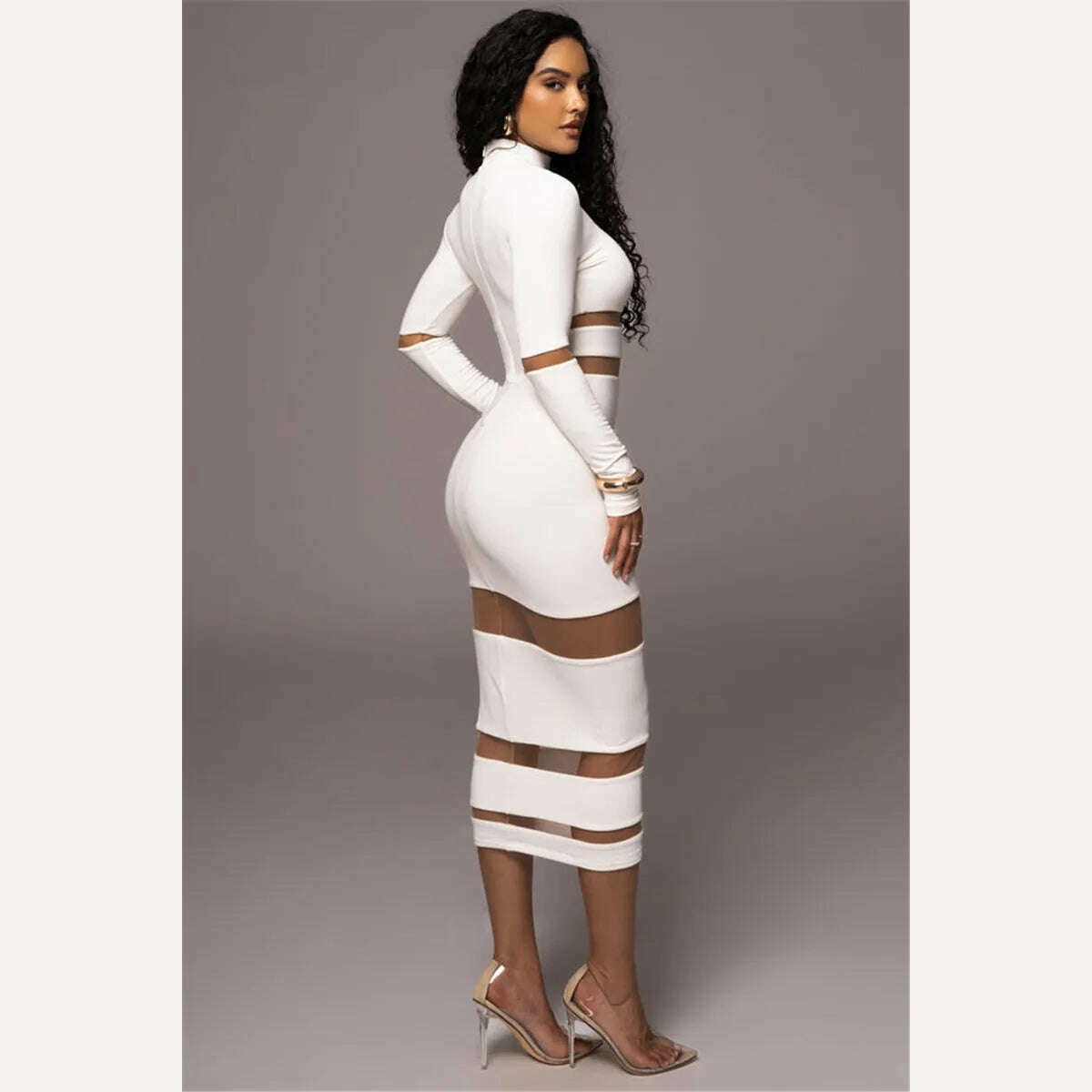 Mozision Patchwork Bodycon Sexy Midi Dress For Women 2023 Autumn Winter New Turtleneck Long Sleeve Club Party Sexy Dress Elegant - KIMLUD