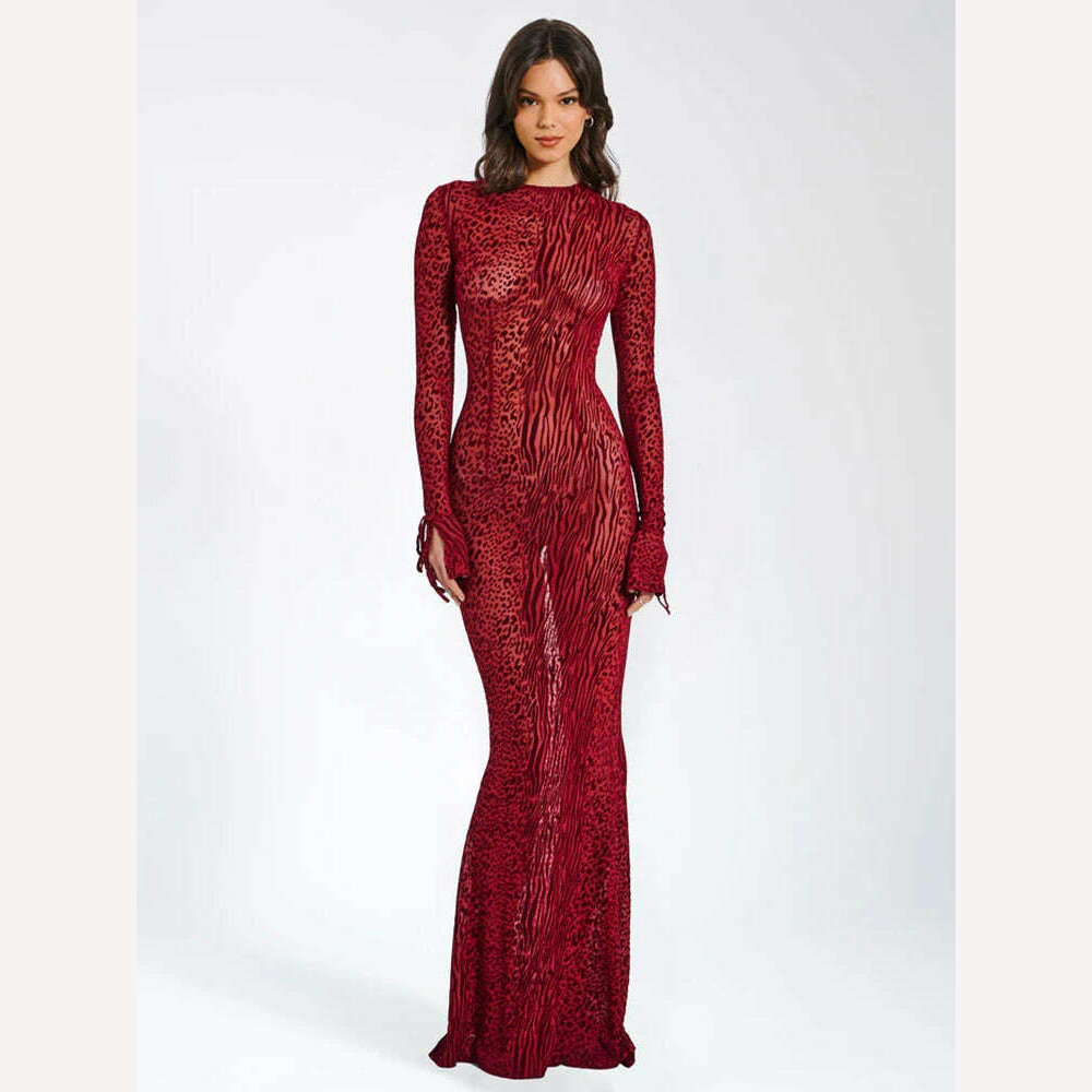 KIMLUD, Mozision Red Striped Print Sexy Maxi Dress For Women Fashion Long Flare Sleeve Backless Bodycon Club Party Long Dress Elegant, Red / M, KIMLUD APPAREL - Womens Clothes