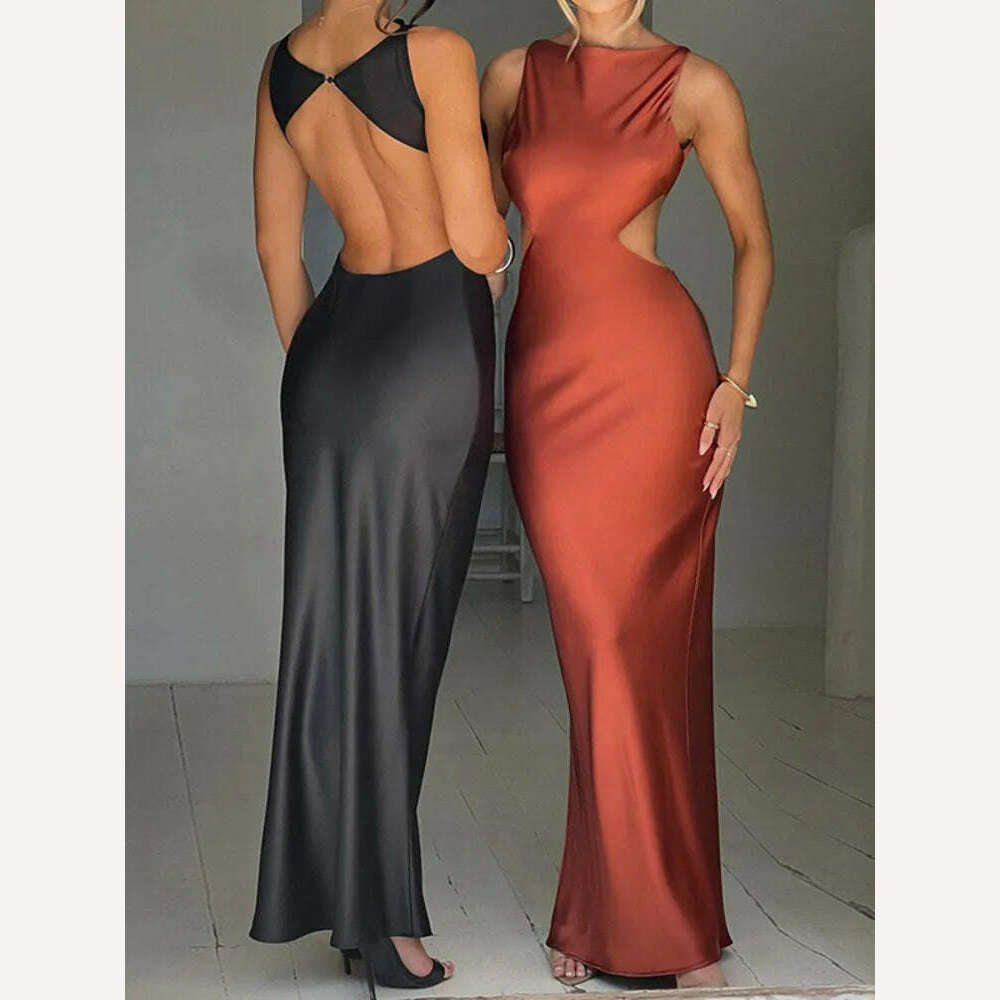 KIMLUD, Mozision Satin Backless Bodycon Sexy Maxi Dress Women High Elastic Satin O Neck Sleeveless Club Party Sexy Long Dress Elegant, KIMLUD Womens Clothes