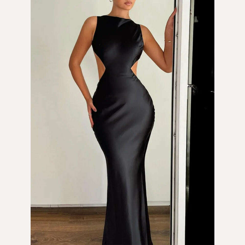 KIMLUD, Mozision Satin Backless Bodycon Sexy Maxi Dress Women High Elastic Satin O Neck Sleeveless Club Party Sexy Long Dress Elegant, Black / S, KIMLUD Womens Clothes