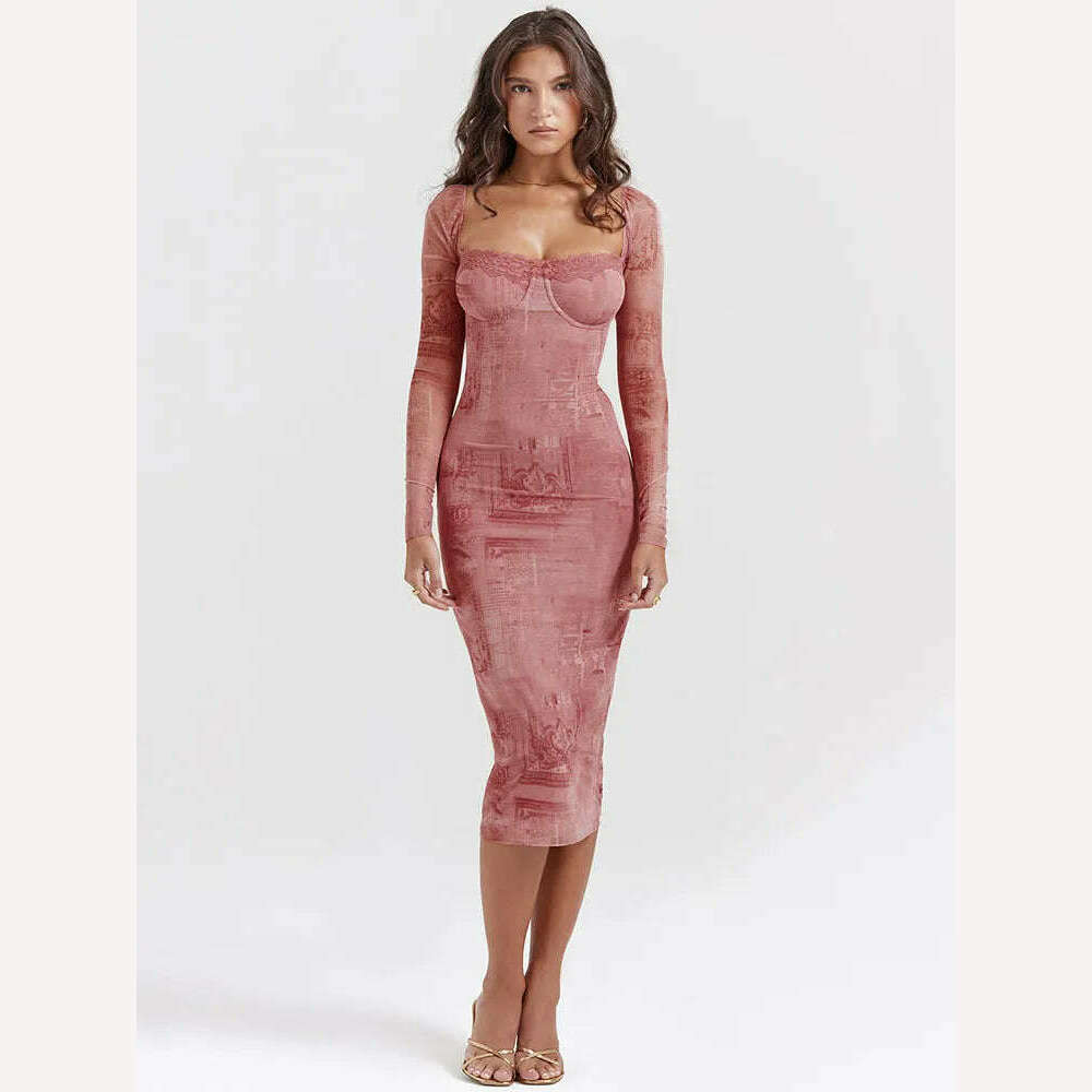 Mozision Square Collar Long Sleeve Print Sexy Midi Dress Women Autumn Winter New Bodycon Long Dresses Elegant Club Party Dress - KIMLUD