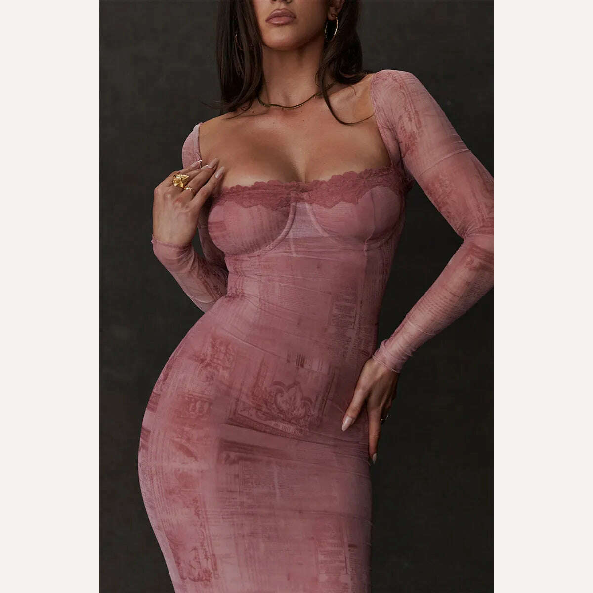 Mozision Square Collar Long Sleeve Print Sexy Midi Dress Women Autumn Winter New Bodycon Long Dresses Elegant Club Party Dress - KIMLUD