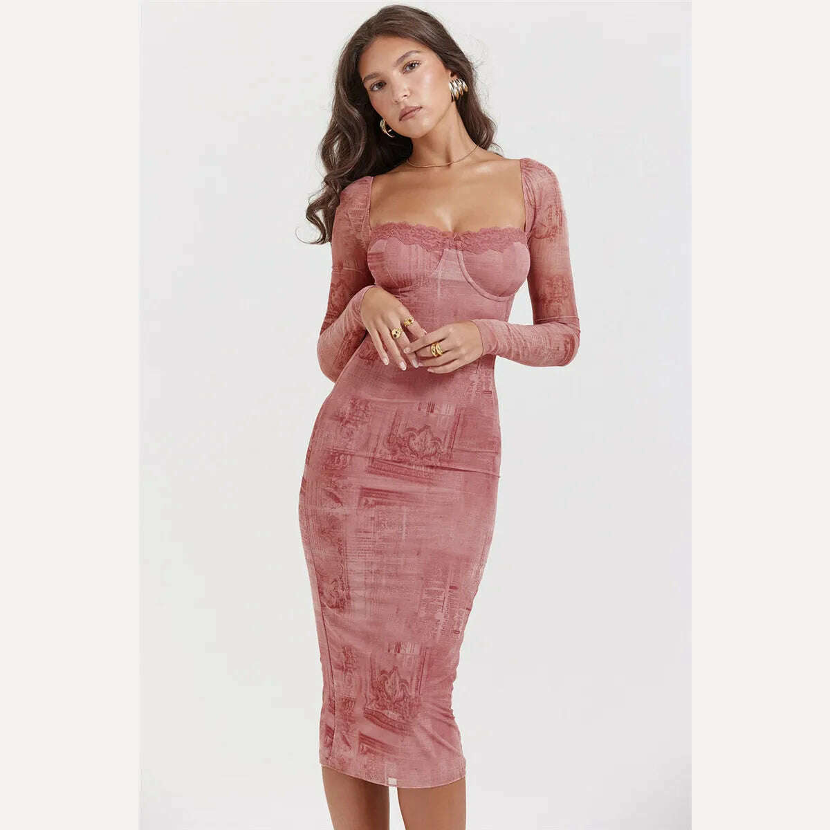 Mozision Square Collar Long Sleeve Print Sexy Midi Dress Women Autumn Winter New Bodycon Long Dresses Elegant Club Party Dress - KIMLUD