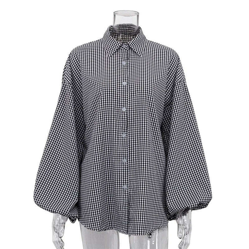 KIMLUD, Mueyaruho 2023 Autumn Winter Women Office Oversized Black Plaid Shirt Long Sleeve Loose Fit Blouse Female, KIMLUD Womens Clothes