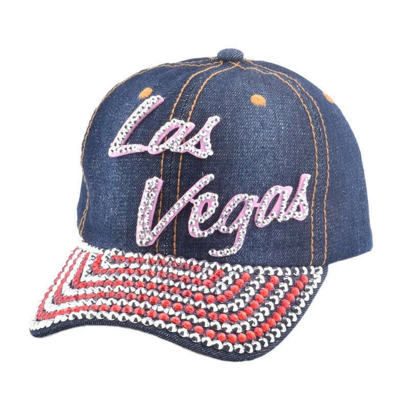 KIMLUD, Multi-color Bling Baseball Hats for Women Denim Rhinestone Studded Cap with Texts, KIMLUD Womens Clothes