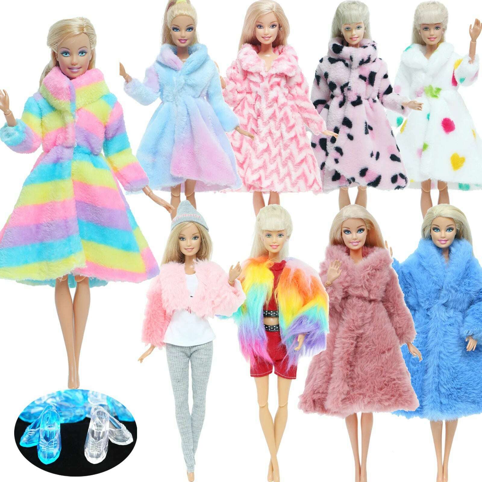 KIMLUD, Multicolor 2 Pcs/Set Long Sleeve Soft Fur Plush Coat Dress + High Heel Winter Wear Accessories for Barbie Doll Clothes Kids Toy, KIMLUD Womens Clothes