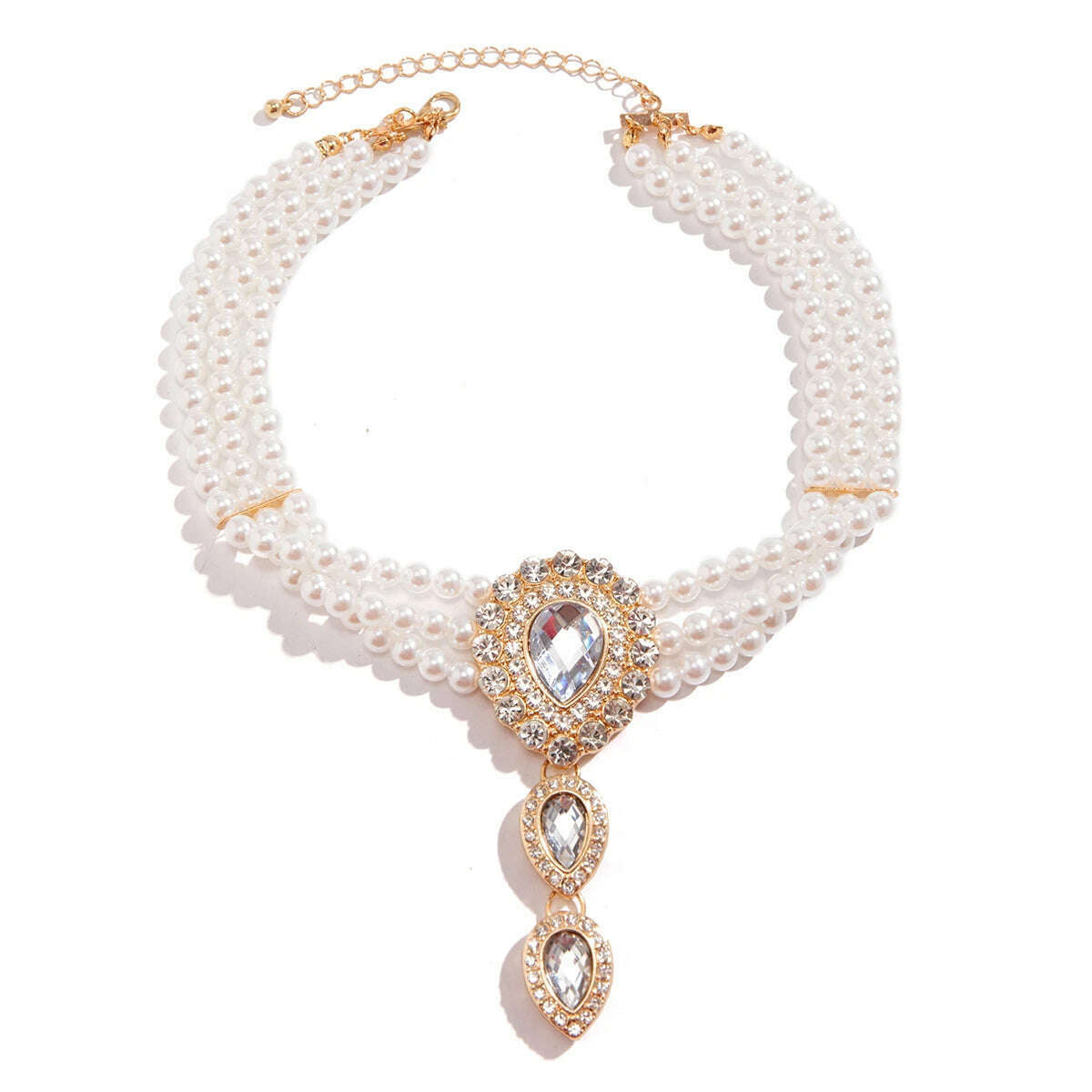 KIMLUD, Multilayer Elegant Imitation Pearl Chain Necklace Bracelet for Women Creative Water Drop Rhinestone Jewelry Set Wed Accessories, KIMLUD Womens Clothes