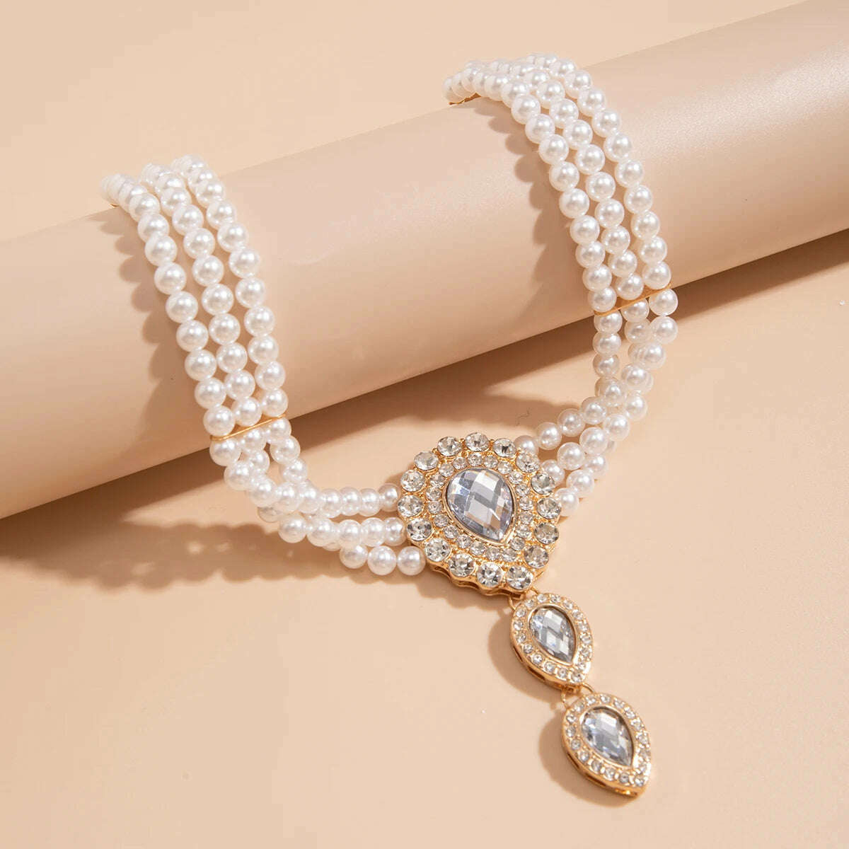 KIMLUD, Multilayer Elegant Imitation Pearl Chain Necklace Bracelet for Women Creative Water Drop Rhinestone Jewelry Set Wed Accessories, KIMLUD Womens Clothes