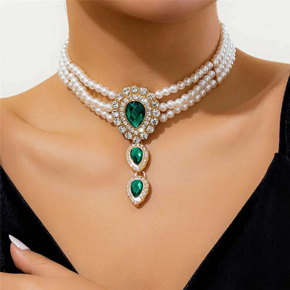 KIMLUD, Multilayer Elegant Imitation Pearl Chain Necklace Bracelet for Women Creative Water Drop Rhinestone Jewelry Set Wed Accessories, Green Color 1, KIMLUD Womens Clothes