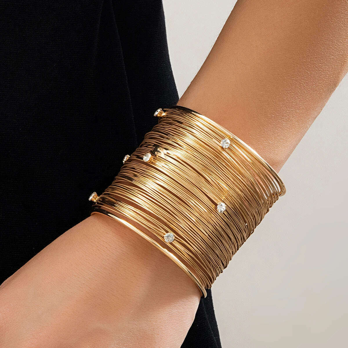KIMLUD, Multilayer Metal Wires Strings Open Cuff Bangles for Women Exaggerated Punk Rhinestone Arm Bracelet Grunge Jewelry Steampunk Men, Gold Color, KIMLUD Womens Clothes