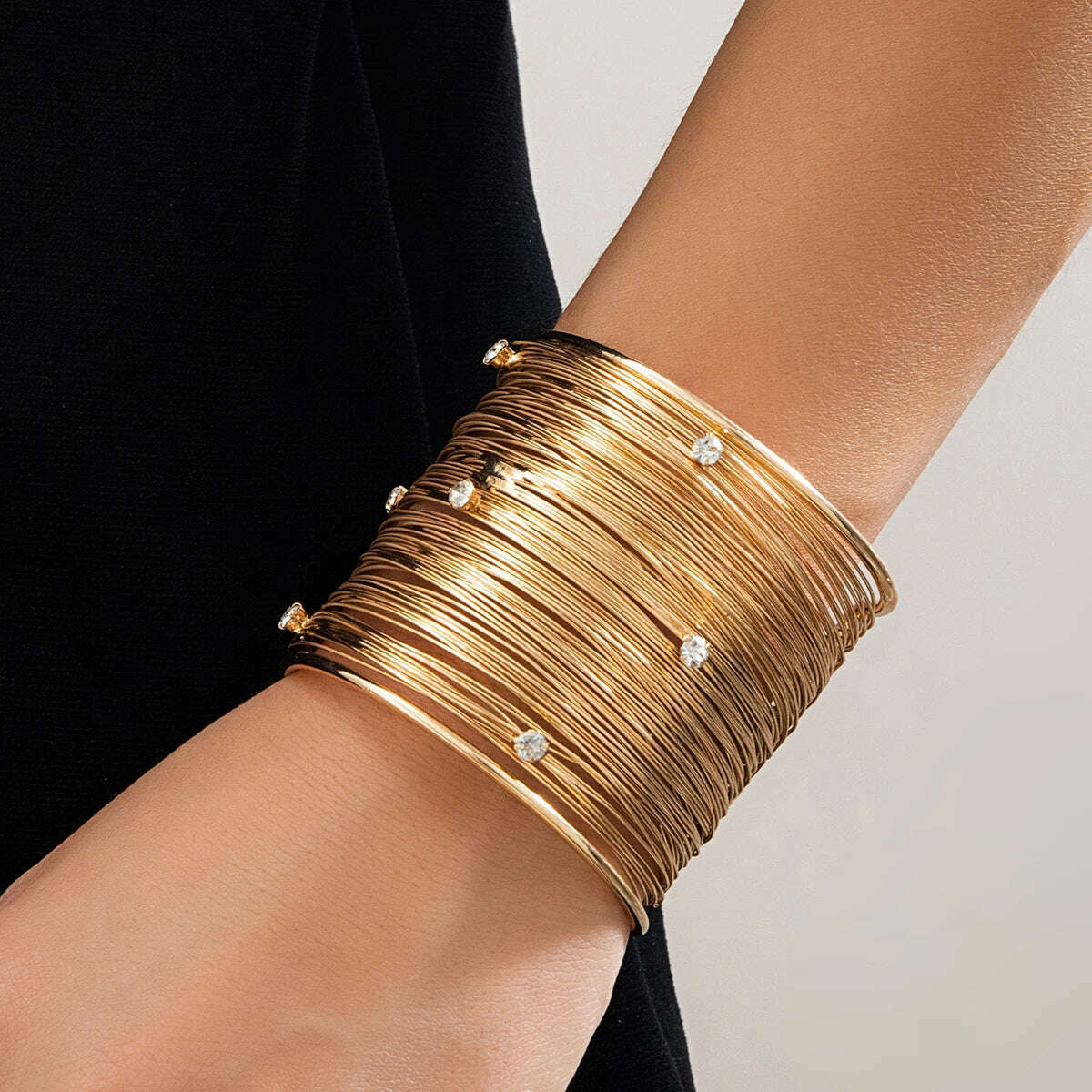 Multilayer Metal Wires Strings Open Cuff Bangles for Women Exaggerated Punk Rhinestone Arm Bracelet Grunge Jewelry Steampunk Men - KIMLUD