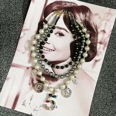 Multilayer Simulated Pearl Chokers Necklace For Women Sweater Winter Jewelry - KIMLUD