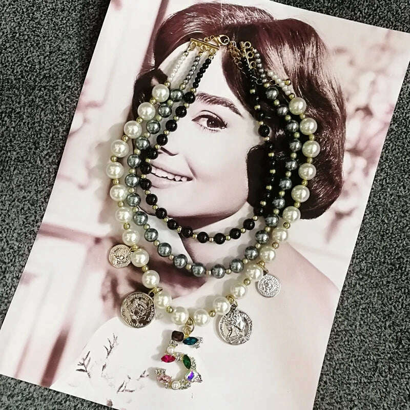 Multilayer Simulated Pearl Chokers Necklace For Women Sweater Winter Jewelry - KIMLUD