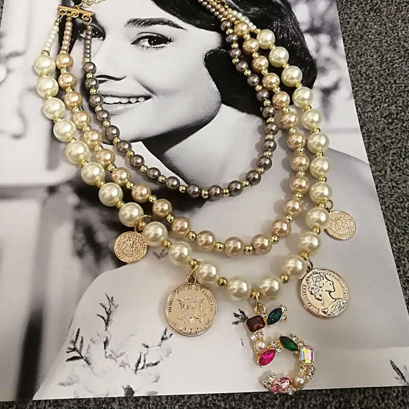 Multilayer Simulated Pearl Chokers Necklace For Women Sweater Winter Jewelry - KIMLUD