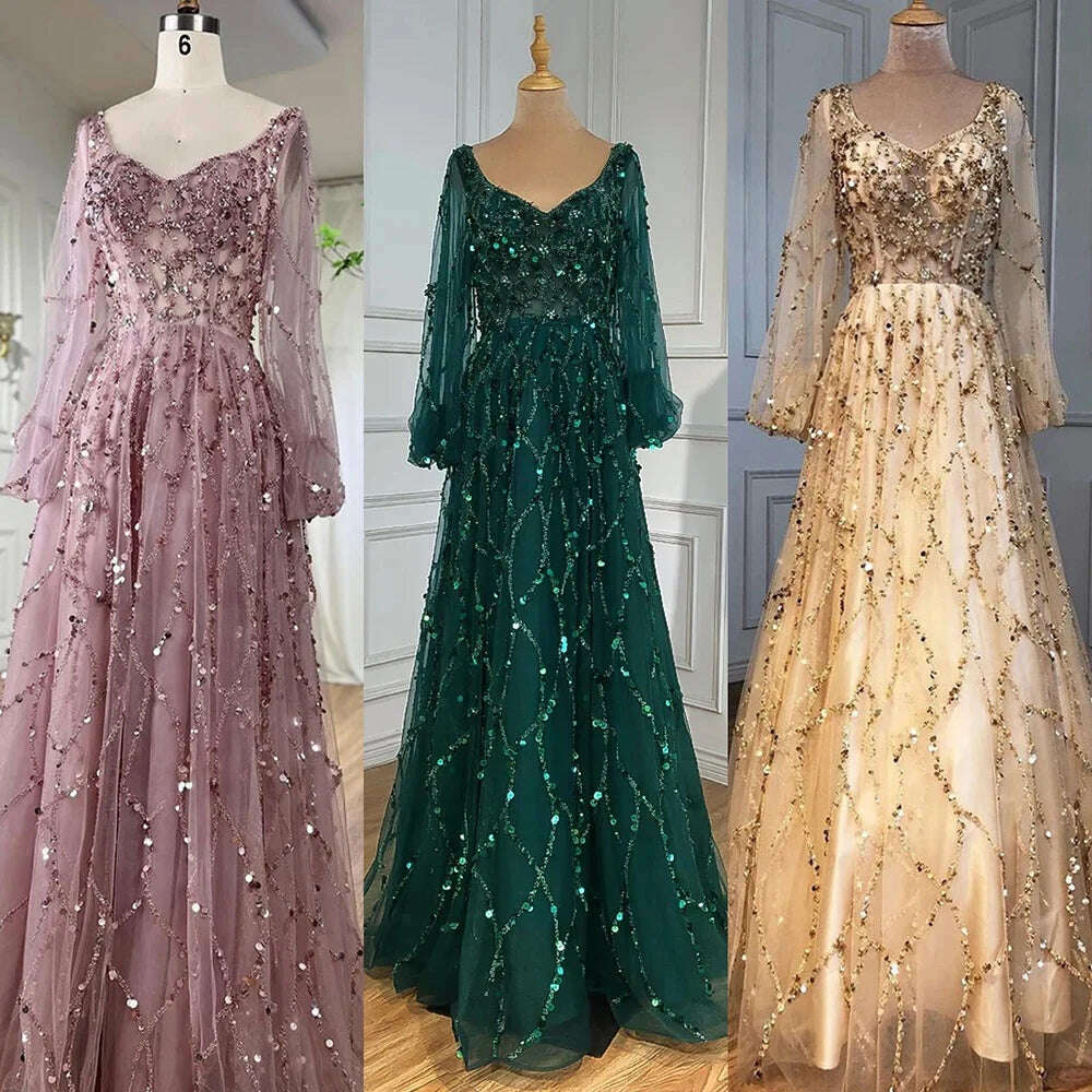 KIMLUD, Muslim Gold Puff Sleeves Luxury Evening Dresses Gowns 2023 A-Line Beading Sexy Formal Woman Party BLA71049 Serene Hill, KIMLUD Women's Clothes