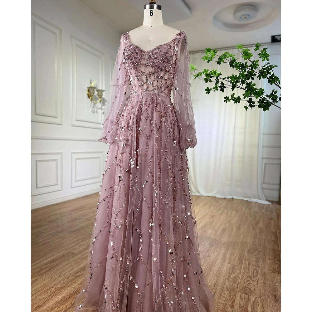 KIMLUD, Muslim Gold Puff Sleeves Luxury Evening Dresses Gowns 2023 A-Line Beading Sexy Formal Woman Party BLA71049 Serene Hill, KIMLUD Womens Clothes