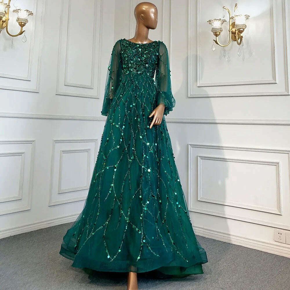 KIMLUD, Muslim Gold Puff Sleeves Luxury Evening Dresses Gowns 2023 A-Line Beading Sexy Formal Woman Party BLA71049 Serene Hill, green o-neck / 12, KIMLUD Women's Clothes