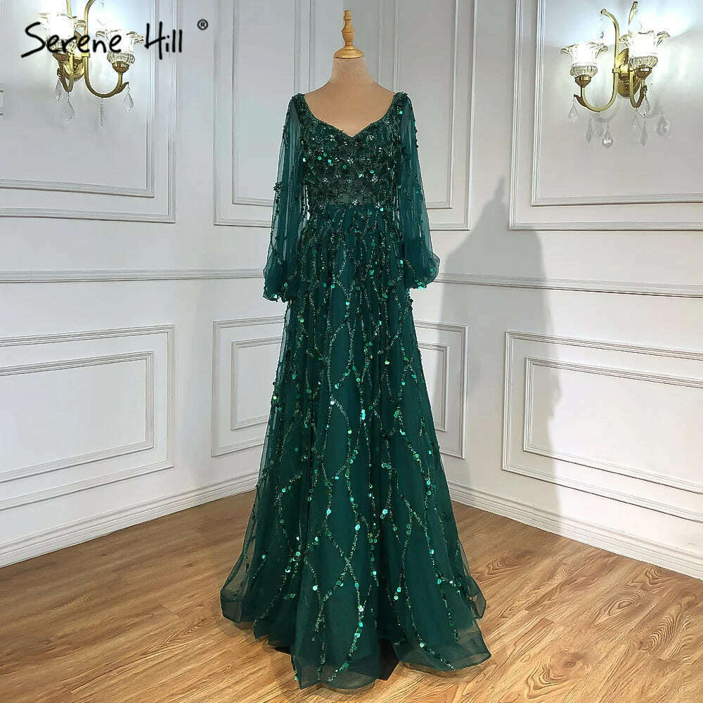 KIMLUD, Muslim Gold Puff Sleeves Luxury Evening Dresses Gowns 2023 A-Line Beading Sexy Formal Woman Party BLA71049 Serene Hill, green / 6, KIMLUD Womens Clothes