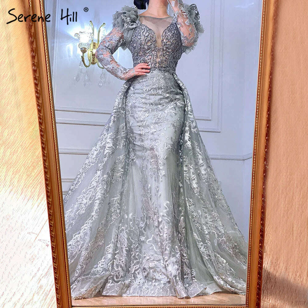 KIMLUD, Muslim Grey Mermaid Evening Dresses Gowns 2023 Serene Hill Lace Beaded Crystal With Overskirt For Woman Party  BLA71172, KIMLUD Womens Clothes