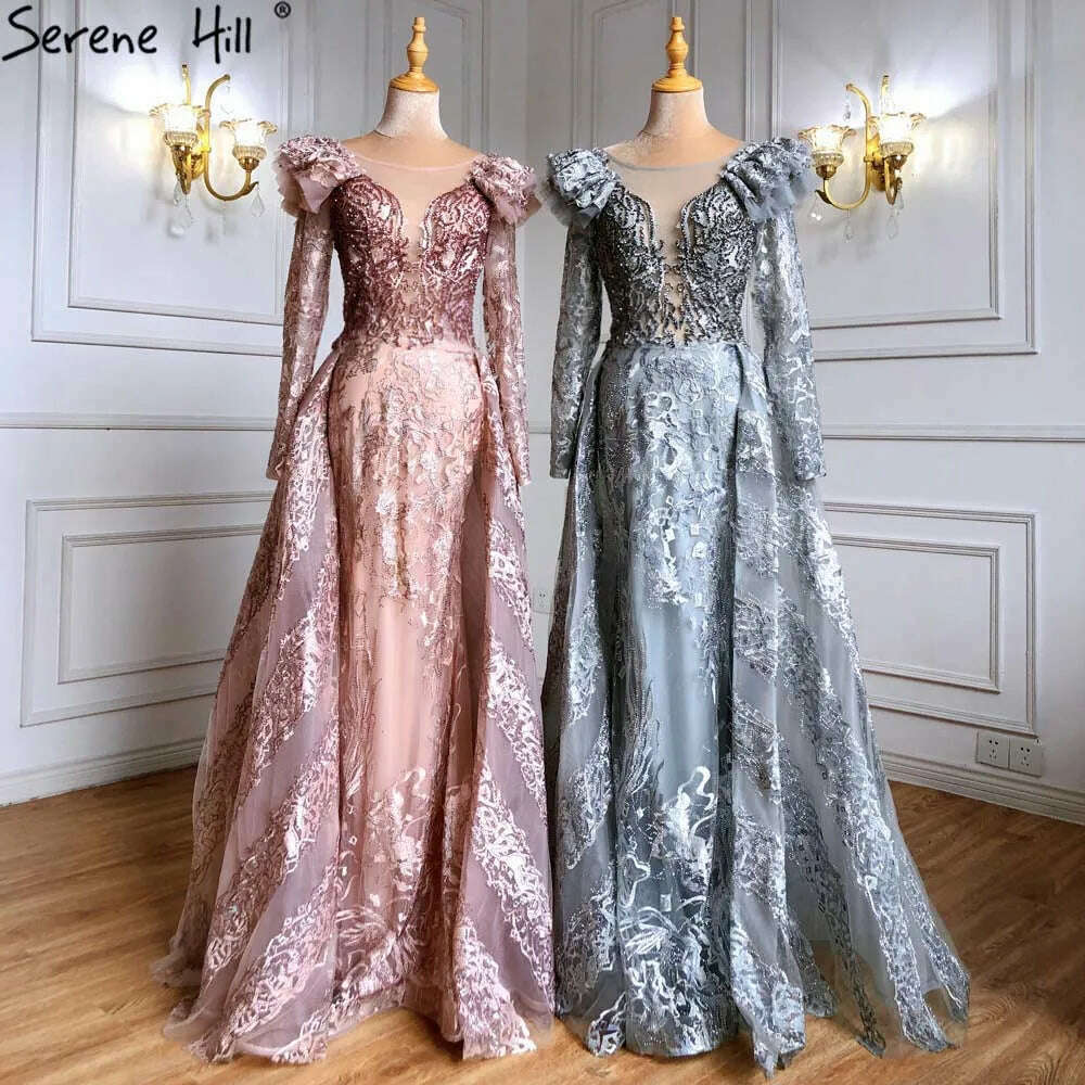 KIMLUD, Muslim Grey Mermaid Evening Dresses Gowns 2023 Serene Hill Lace Beaded Crystal With Overskirt For Woman Party  BLA71172, KIMLUD Women's Clothes