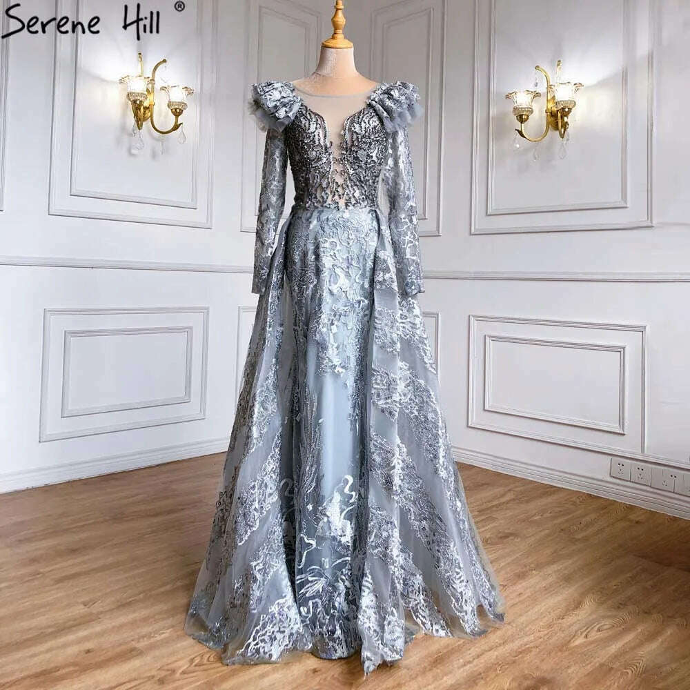 KIMLUD, Muslim Grey Mermaid Evening Dresses Gowns 2023 Serene Hill Lace Beaded Crystal With Overskirt For Woman Party  BLA71172, KIMLUD Women's Clothes