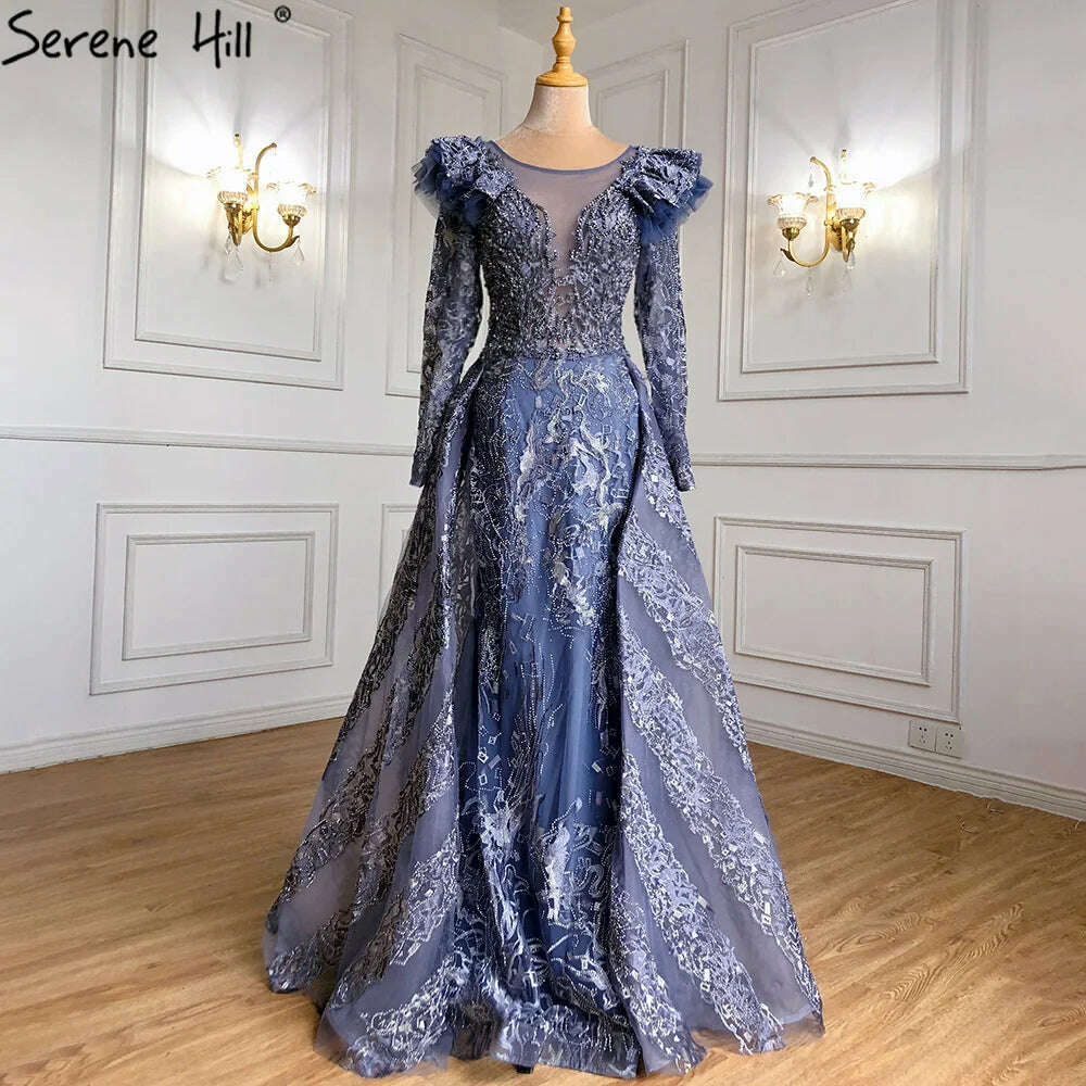 KIMLUD, Muslim Grey Mermaid Evening Dresses Gowns 2023 Serene Hill Lace Beaded Crystal With Overskirt For Woman Party  BLA71172, blue / 2, KIMLUD Women's Clothes