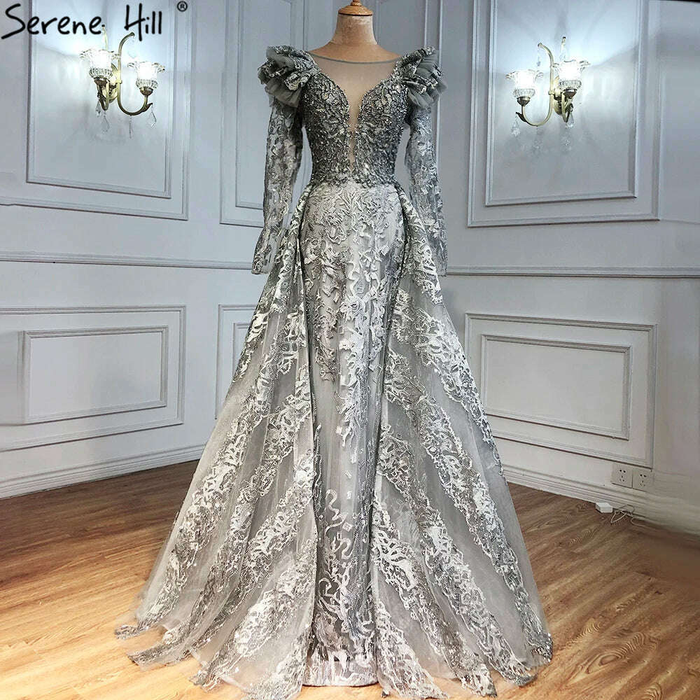 KIMLUD, Muslim Grey Mermaid Evening Dresses Gowns 2023 Serene Hill Lace Beaded Crystal With Overskirt For Woman Party  BLA71172, grey / 2, KIMLUD Women's Clothes