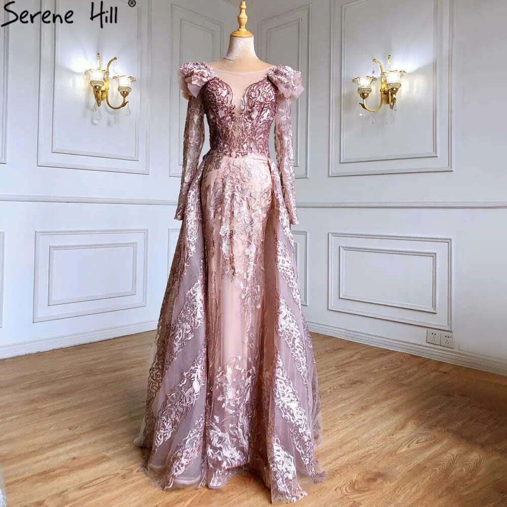 KIMLUD, Muslim Grey Mermaid Evening Dresses Gowns 2023 Serene Hill Lace Beaded Crystal With Overskirt For Woman Party  BLA71172, pink / 18W, KIMLUD Women's Clothes