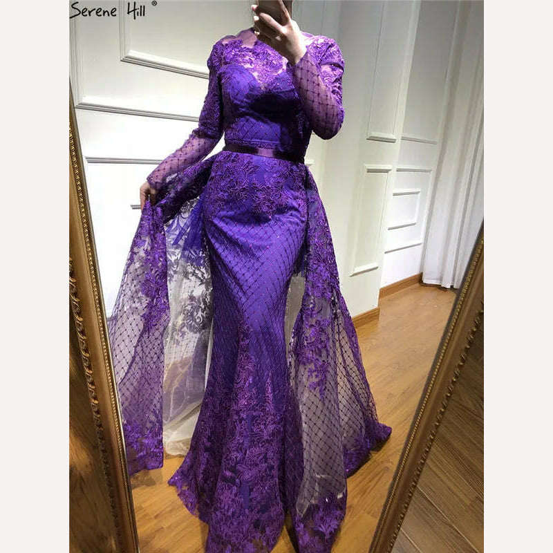 KIMLUD, Muslim Long Sleeve Turkish Arabic Lace Mermaid Formal Evening Prom Party Gown Dress Robe De Soiree Kaftan Dubai Gowns BLA6548, purple / 8, KIMLUD Womens Clothes