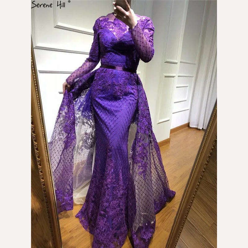 KIMLUD, Muslim Long Sleeve Turkish Arabic Lace Mermaid Formal Evening Prom Party Gown Dress Robe De Soiree Kaftan Dubai Gowns BLA6548, purple / 8, KIMLUD APPAREL - Womens Clothes