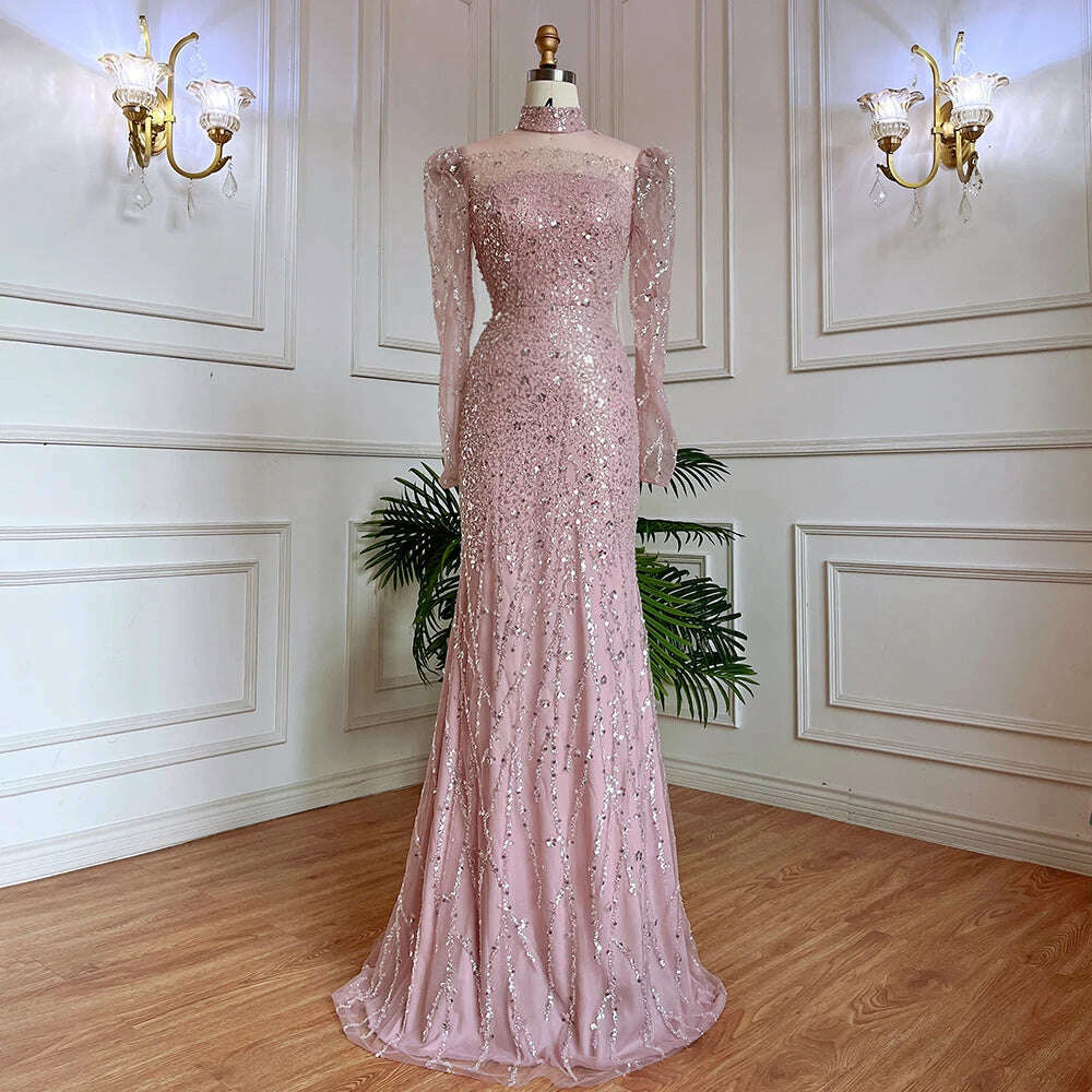 KIMLUD, Muslim Pink Long Sleeve High Neck Luxury Sequine Mermaid Evening Dresses Gowns 2023 Elegant For Women Party BLA71721 Serene Hill, KIMLUD Women's Clothes