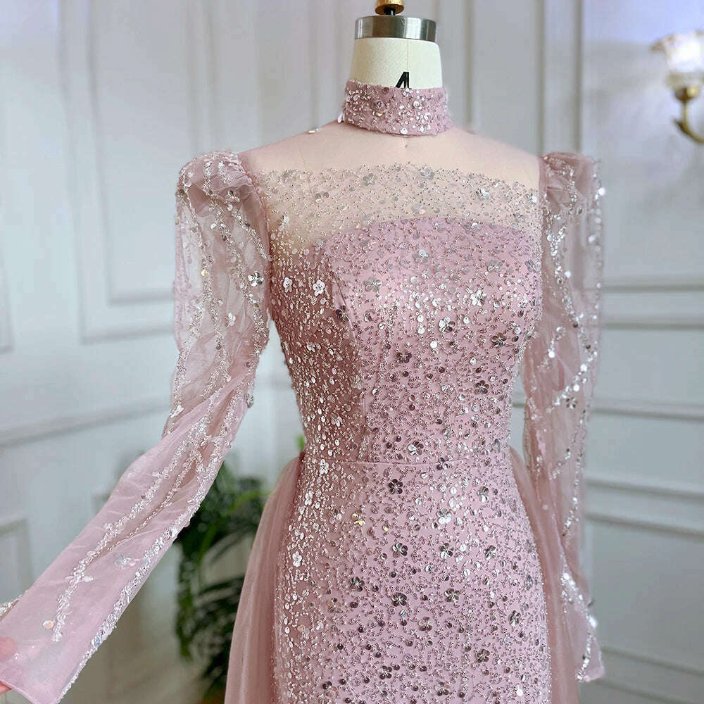 KIMLUD, Muslim Pink Long Sleeve High Neck Luxury Sequine Mermaid Evening Dresses Gowns 2023 Elegant For Women Party BLA71721 Serene Hill, KIMLUD Women's Clothes