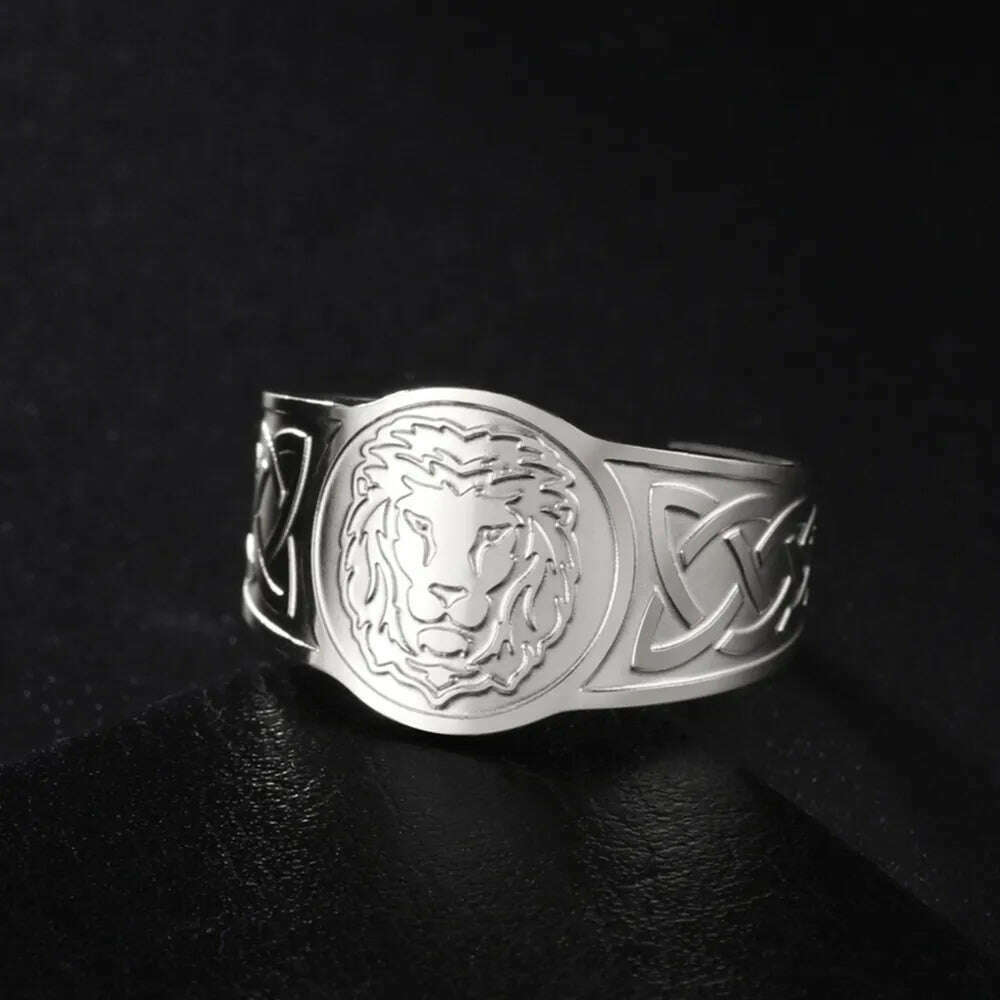 KIMLUD, My Shape Lion Rings for Men Punk Celtics Knot Animals Resizable Stainless Steel Finger Ring Nordic Vintage Jewelry Amulet Gifts, KIMLUD Womens Clothes