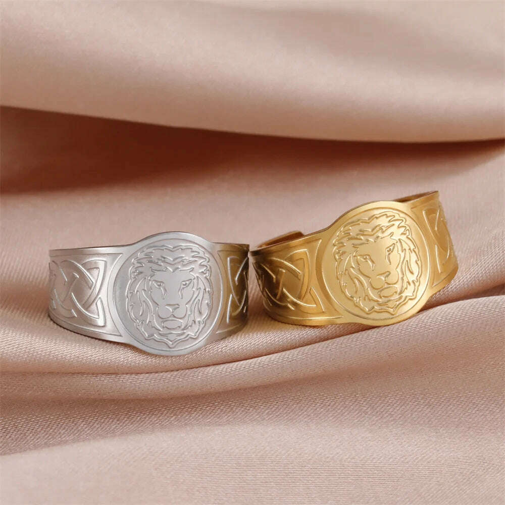 My Shape Lion Rings for Men Punk Celtics Knot Animals Resizable Stainless Steel Finger Ring Nordic Vintage Jewelry Amulet Gifts - KIMLUD