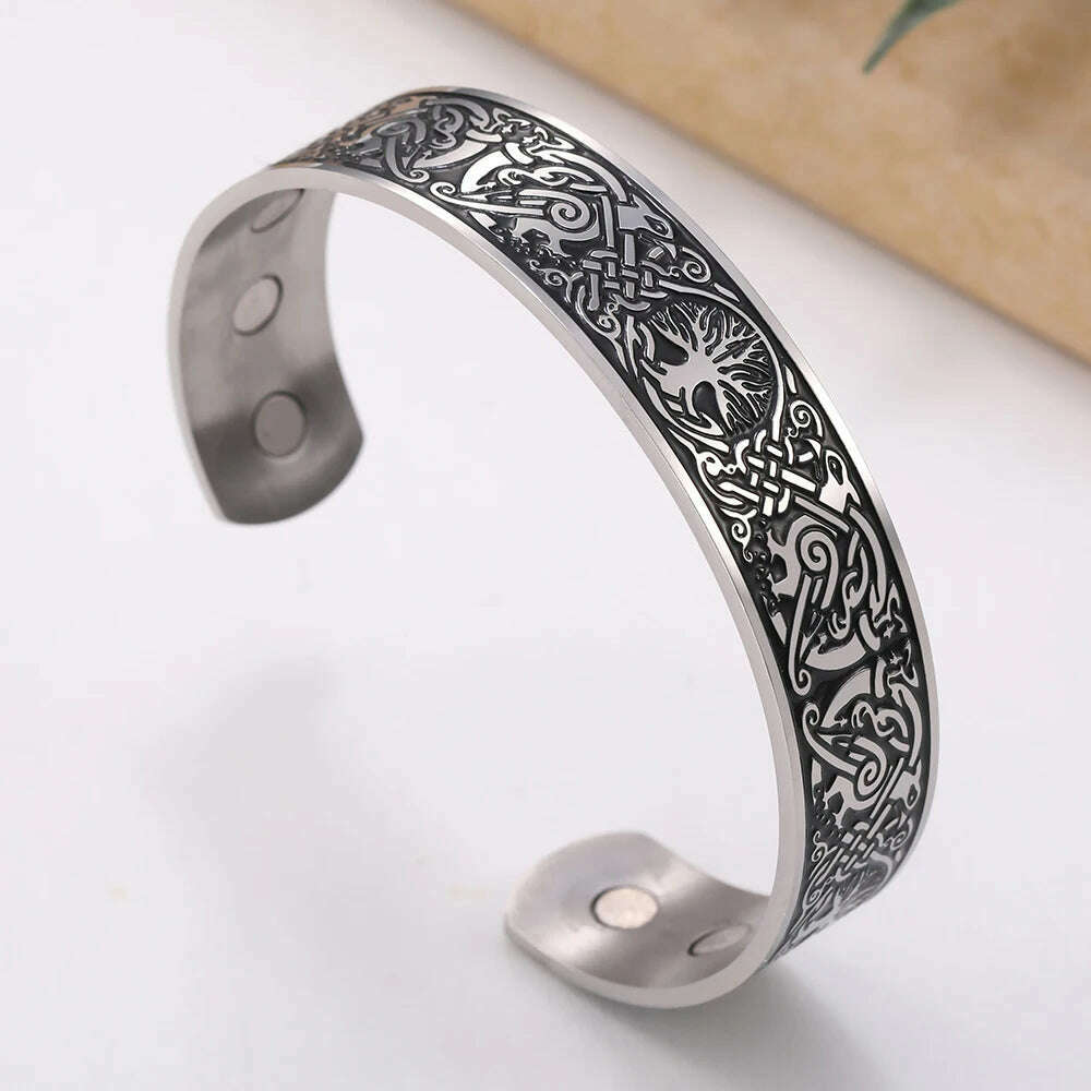 KIMLUD, My Shape Viking Cuff Bangles Celtics Knots Tree of Life Stainless Steel Magnetic Bracelets Therapy Health Vintage Male Jewelry, KIMLUD Womens Clothes