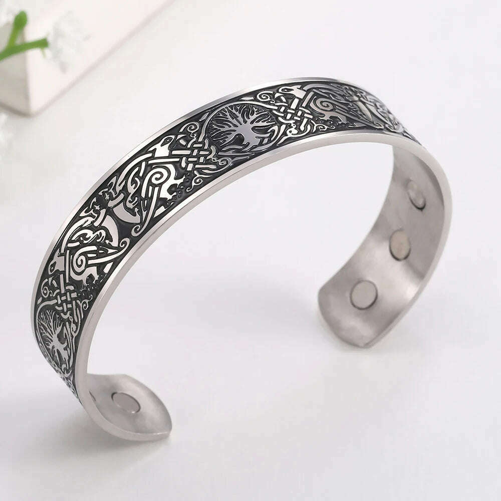 KIMLUD, My Shape Viking Cuff Bangles Celtics Knots Tree of Life Stainless Steel Magnetic Bracelets Therapy Health Vintage Male Jewelry, KIMLUD Womens Clothes