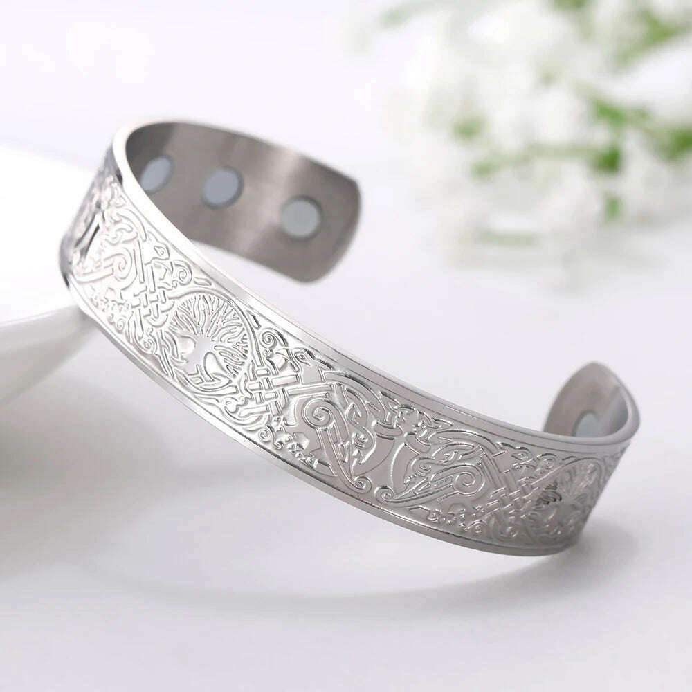 My Shape Viking Cuff Bangles Celtics Knots Tree of Life Stainless Steel Magnetic Bracelets Therapy Health Vintage Male Jewelry - KIMLUD