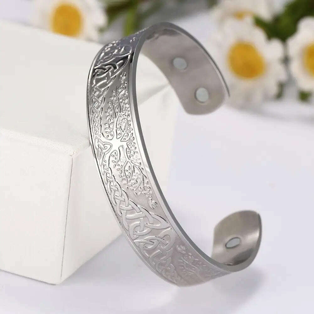 KIMLUD, My Shape Viking Cuff Bangles Celtics Knots Tree of Life Stainless Steel Magnetic Bracelets Therapy Health Vintage Male Jewelry, KIMLUD Womens Clothes