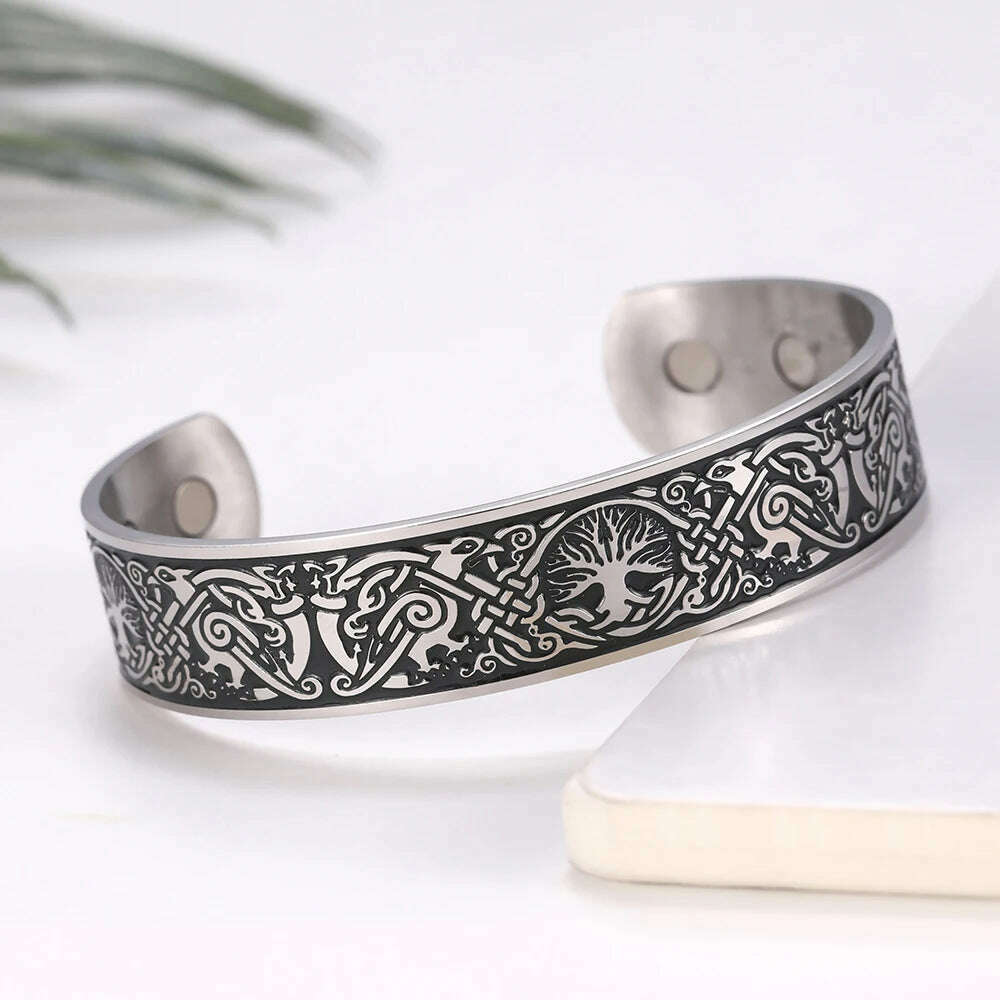 KIMLUD, My Shape Viking Cuff Bangles Celtics Knots Tree of Life Stainless Steel Magnetic Bracelets Therapy Health Vintage Male Jewelry, bangle 2, KIMLUD Womens Clothes