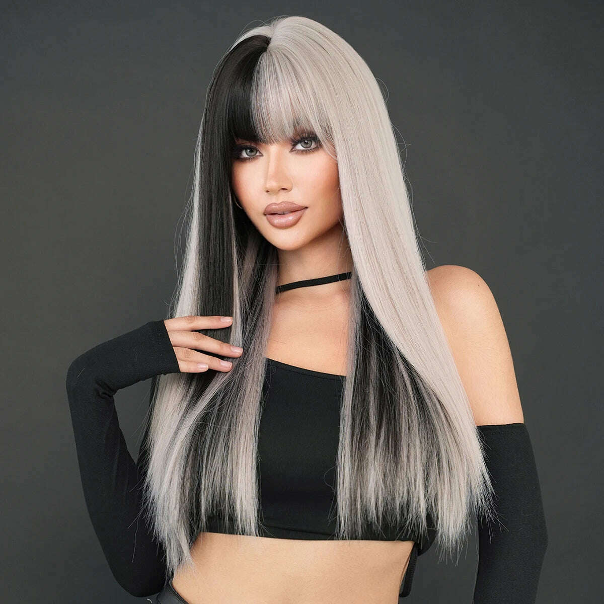 KIMLUD, NAMM Long Body Straight Silver Ash Hair Wig With Bangs For Women Daily Party High Density Hair Ombre Wigs Heat Resistant Fiber, KIMLUD Womens Clothes