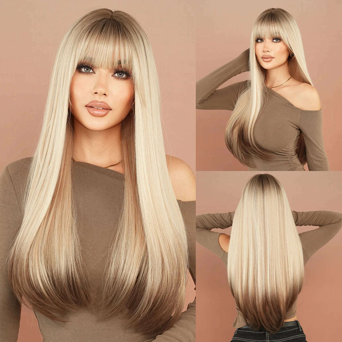 KIMLUD, NAMM Long Body Straight Silver Ash Hair Wig With Bangs For Women Daily Party High Density Hair Ombre Wigs Heat Resistant Fiber, MW9132-4, KIMLUD Womens Clothes