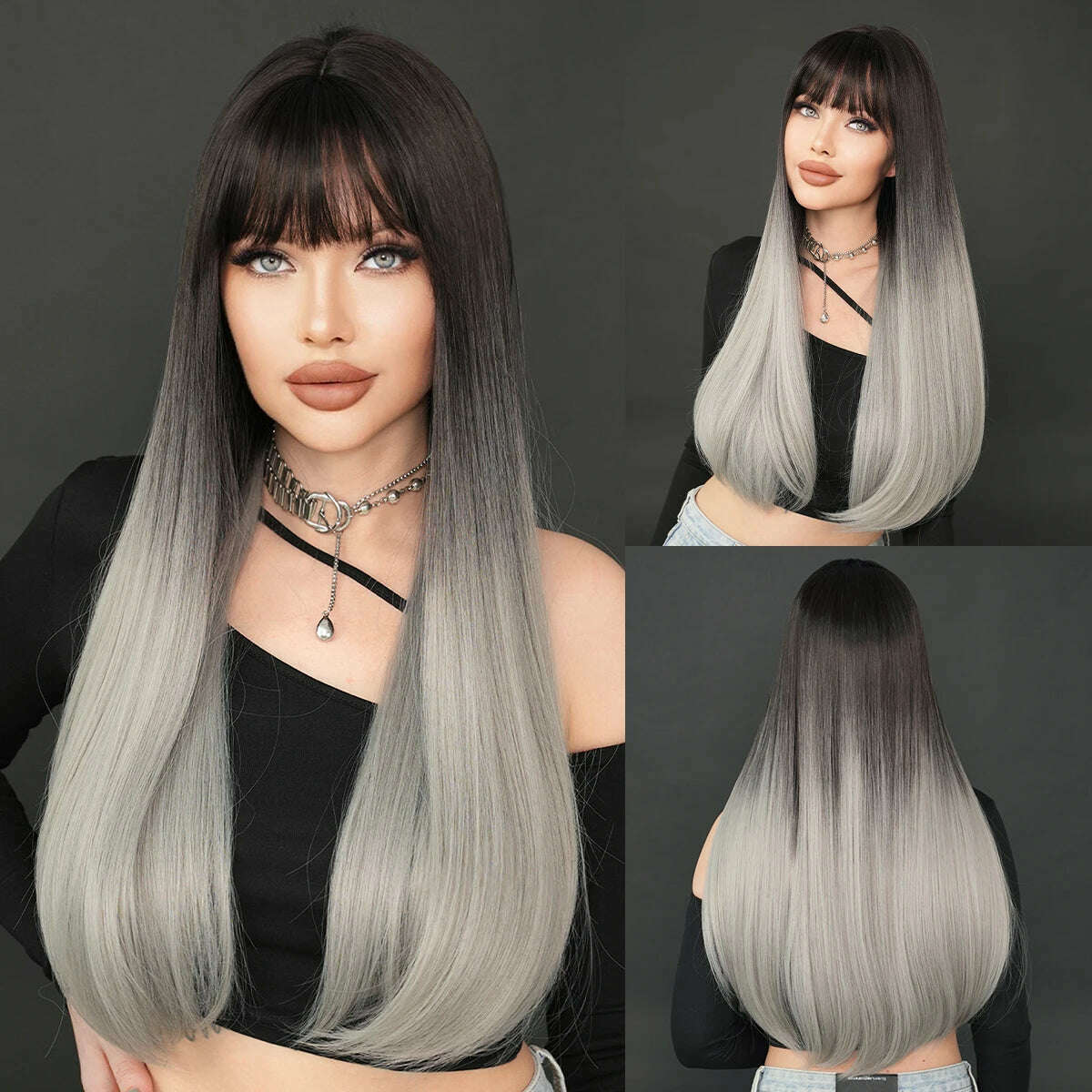 KIMLUD, NAMM Long Body Straight Silver Ash Hair Wig With Bangs For Women Daily Party High Density Hair Ombre Wigs Heat Resistant Fiber, MW9132-3, KIMLUD Womens Clothes