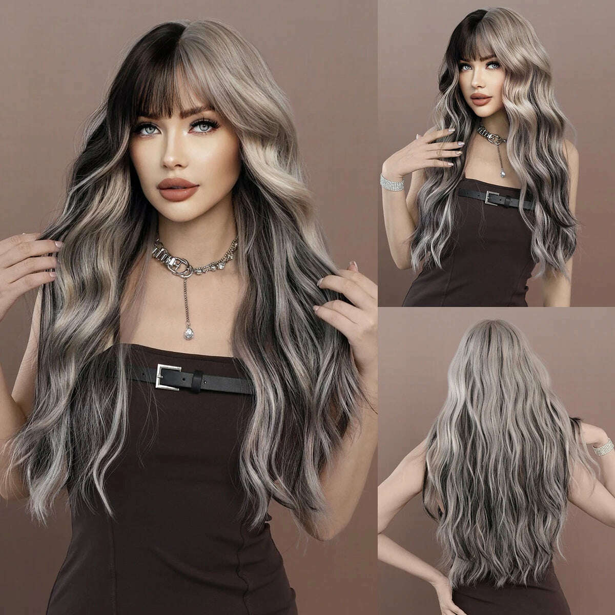 KIMLUD, NAMM Long Wave Wig With Silver Gray Gradient Women Popular Synthetic Wig for Daily Cosplay High Density Hair, MW9104-1, KIMLUD Womens Clothes